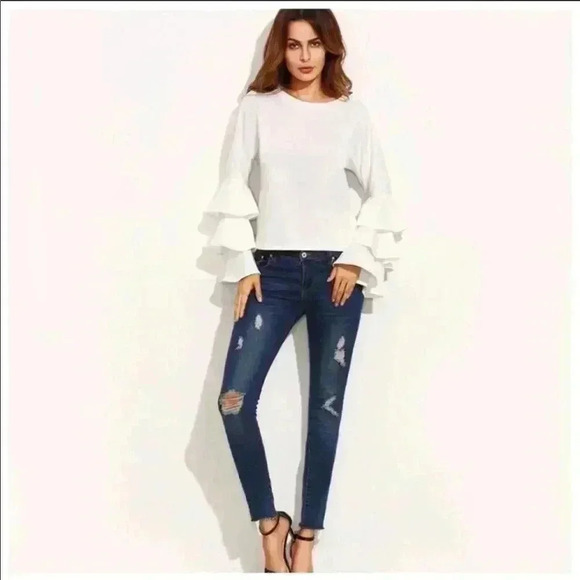 Eggshell White Layered Ruffle Sleeve Waist Top - Picture 5 of 5